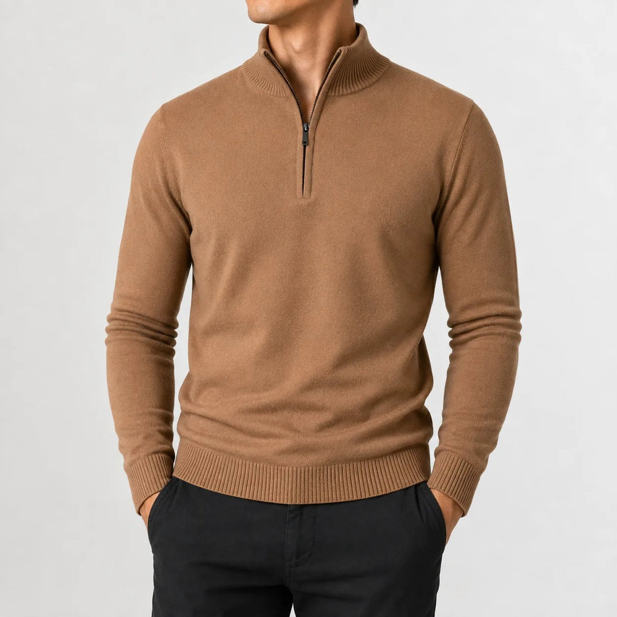 Quarter-zip herentrui in fijn breisel met geribde boorden - camel