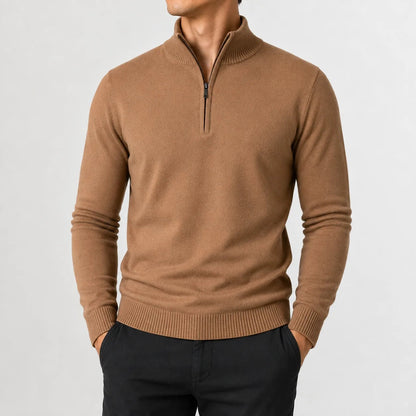 Quarter-zip herentrui in fijn breisel met geribde boorden - camel