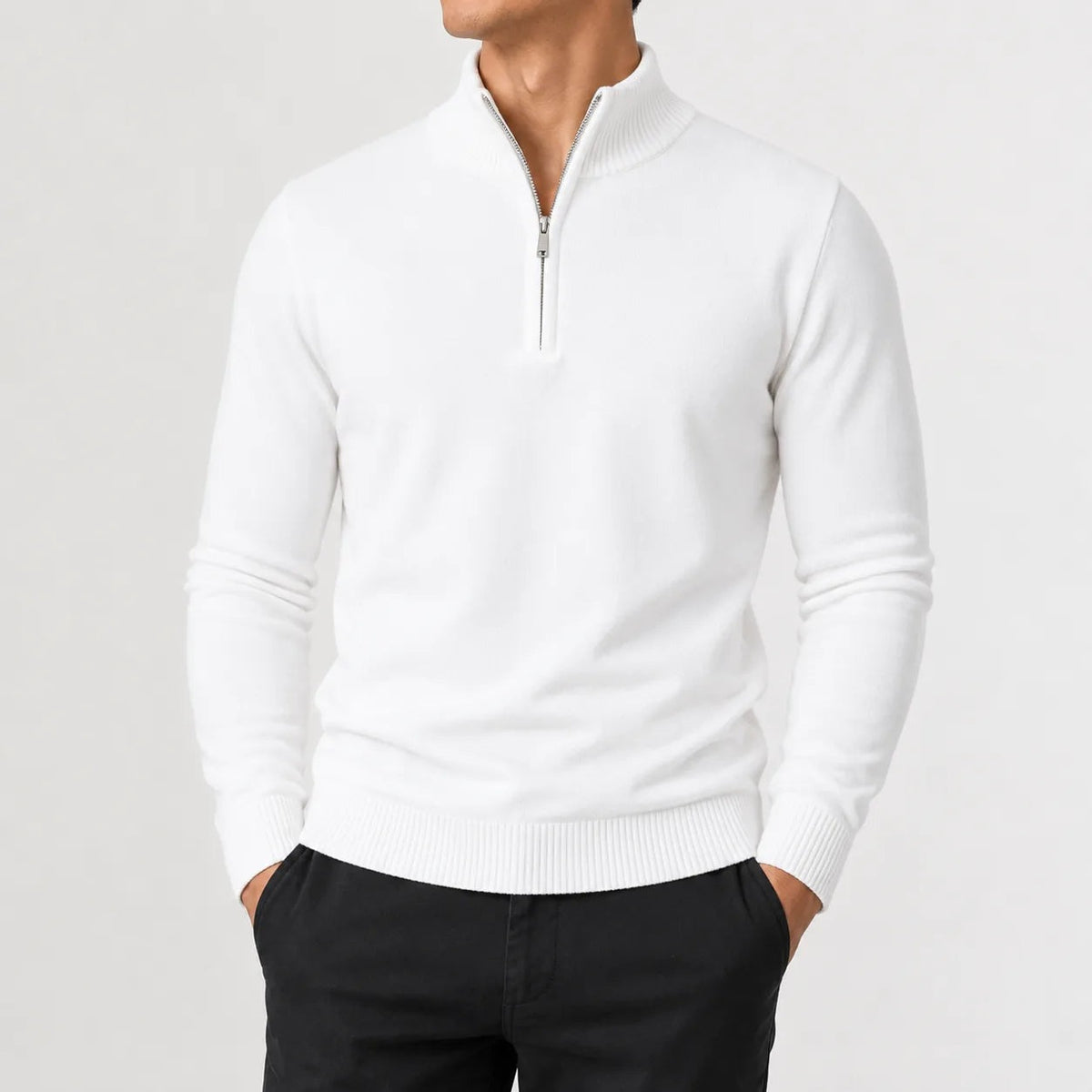 Quarter-zip herentrui in fijn breisel met geribde boorden - wit