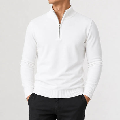 Quarter-zip herentrui in fijn breisel met geribde boorden - wit