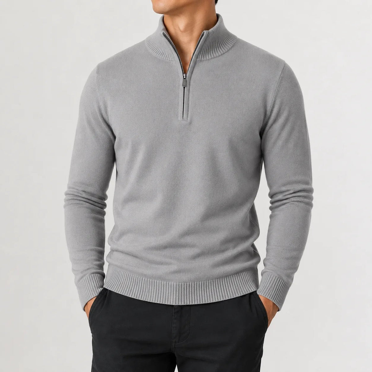 Quarter-zip herentrui in fijn breisel met geribde boorden - grijs