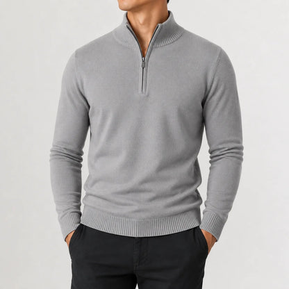 Quarter-zip herentrui in fijn breisel met geribde boorden - grijs