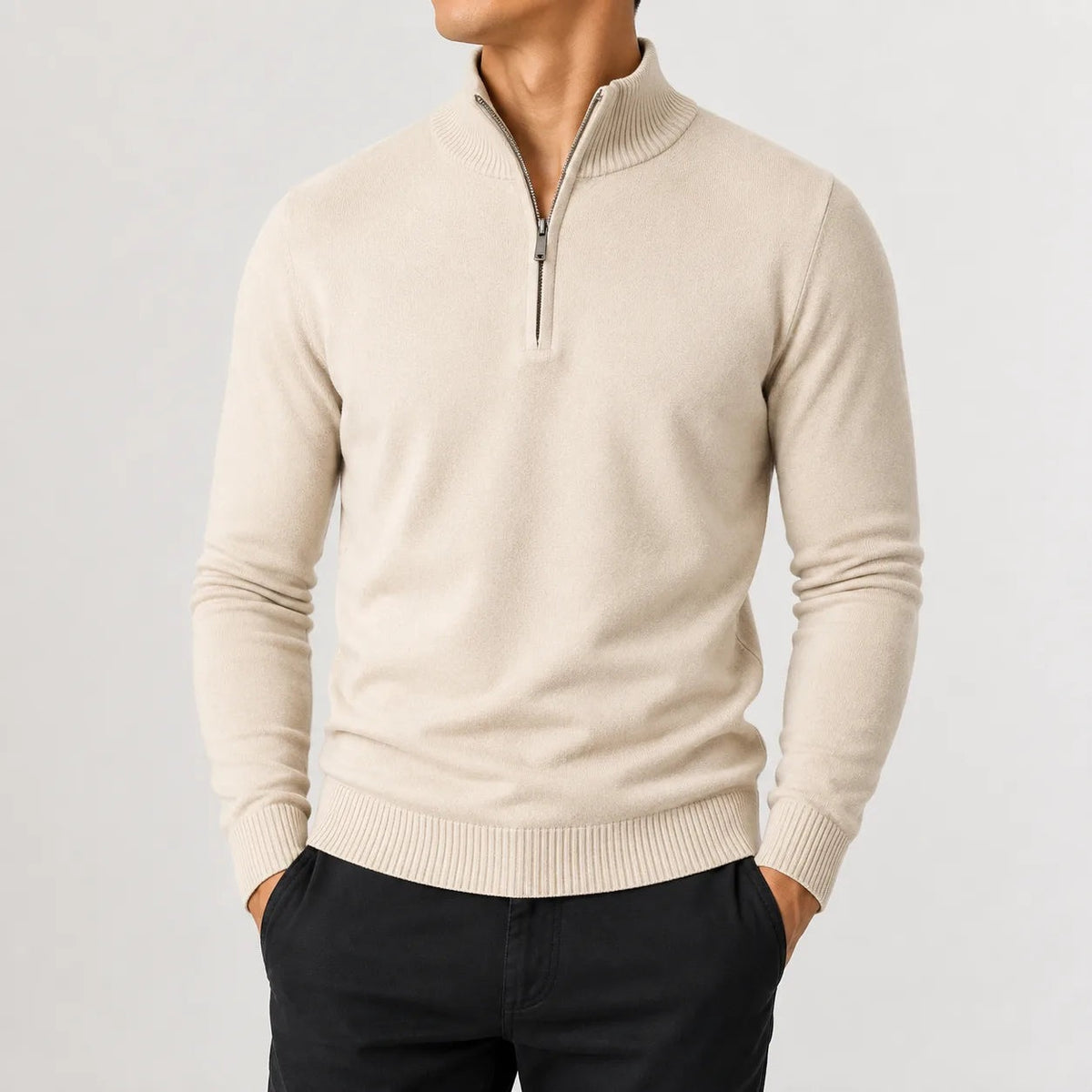 Quarter-zip herentrui in fijn breisel met geribde boorden - crème