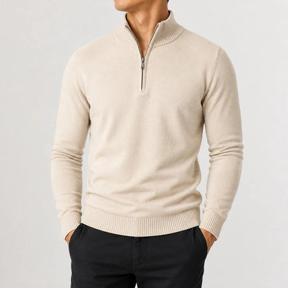 Quarter-zip herentrui in fijn breisel met geribde boorden - crème