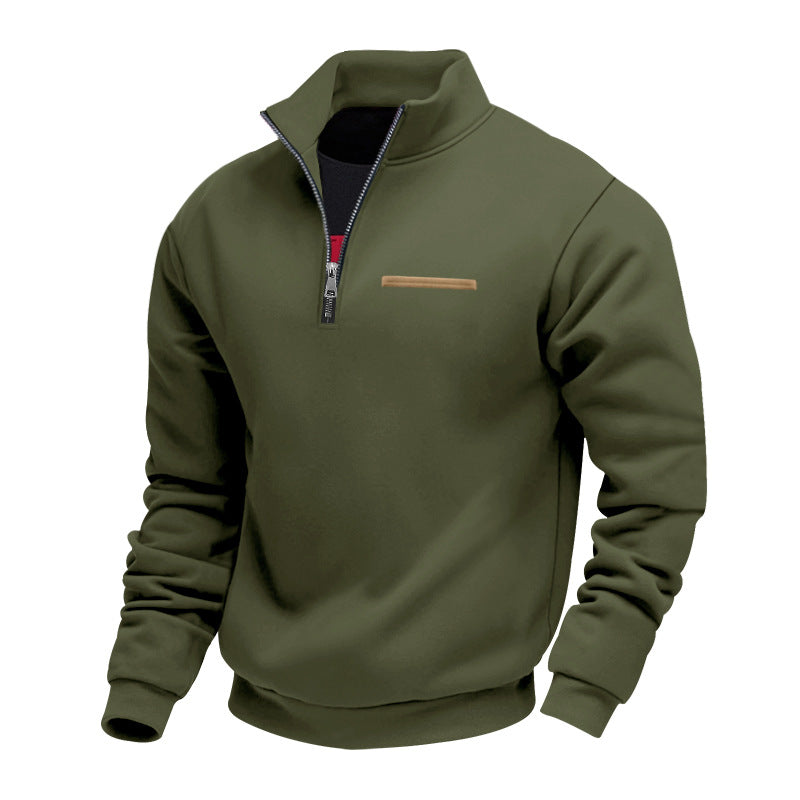 Quarter-zip herentrui met opstaande kraag en borstzak met bies - olijfgroen