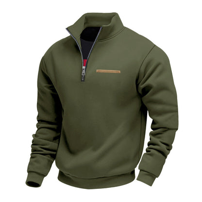 Quarter-zip herentrui met opstaande kraag en borstzak met bies - olijfgroen