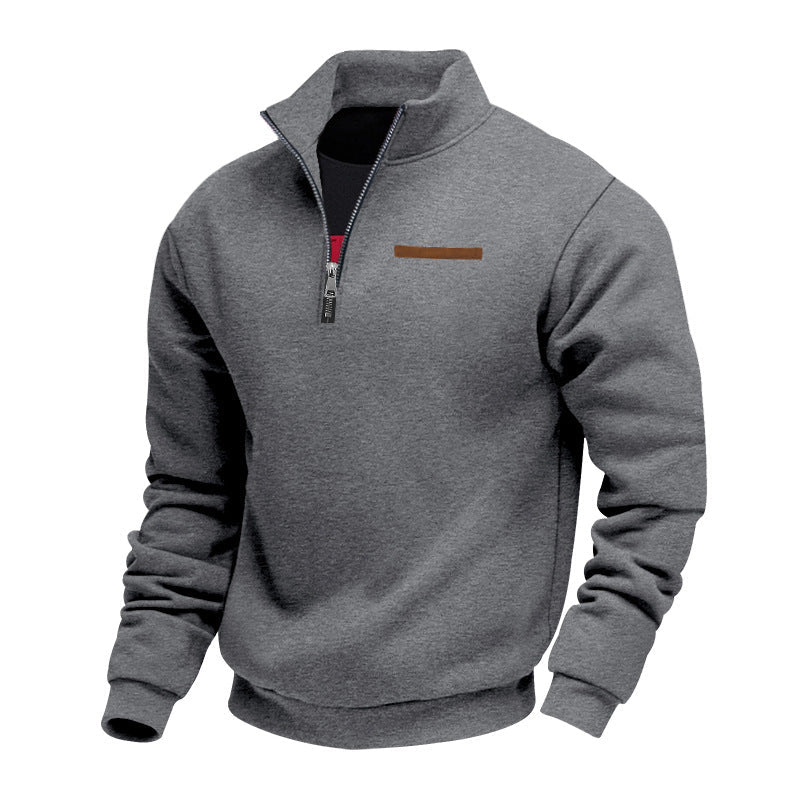 Quarter-zip herentrui met opstaande kraag en borstzak met bies - grijs