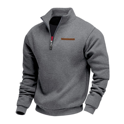 Quarter-zip herentrui met opstaande kraag en borstzak met bies - grijs