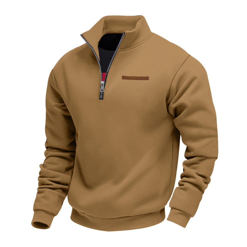 Quarter-zip herentrui met opstaande kraag en borstzak met bies - bruin