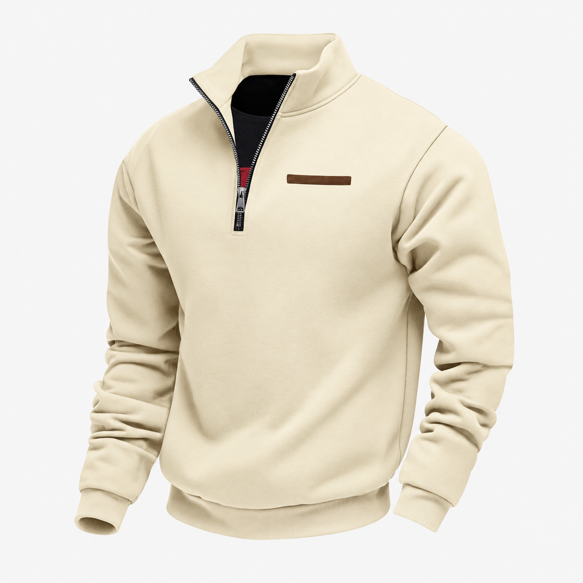Quarter-zip herentrui met opstaande kraag en borstzak met bies - crème