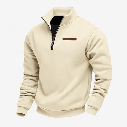 Quarter-zip herentrui met opstaande kraag en borstzak met bies - crème