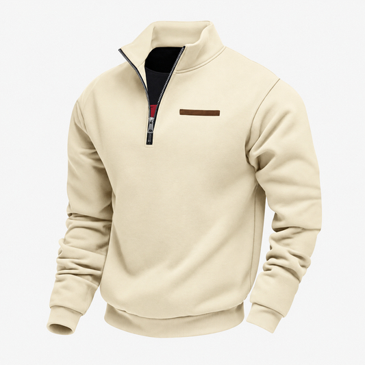 Quarter-zip herentrui met opstaande kraag en borstzak met bies - crème