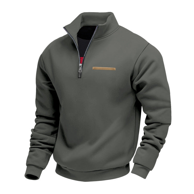 Quarter-zip herentrui met opstaande kraag en borstzak met bies - donkergrijs