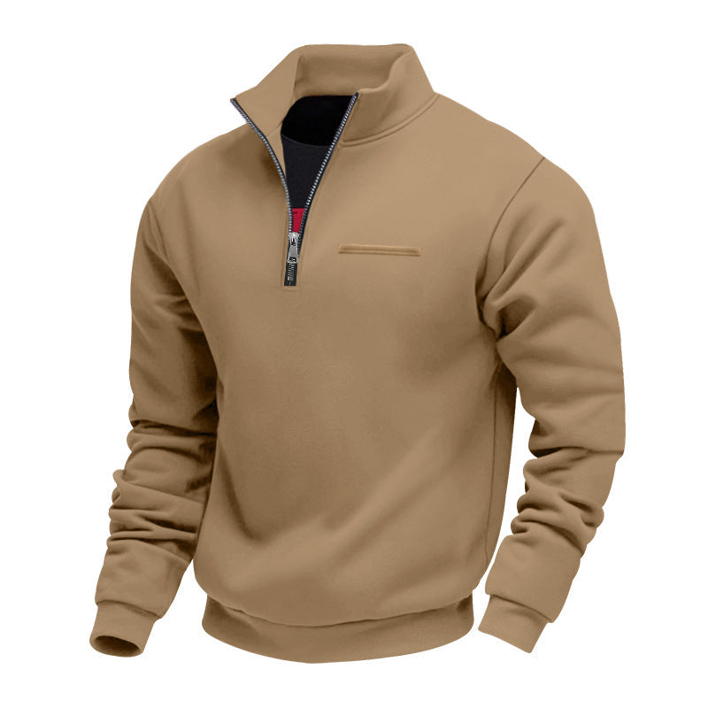 Quarter-zip herentrui met opstaande kraag en borstzak met bies - camel