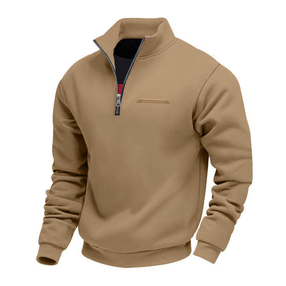 Quarter-zip herentrui met opstaande kraag en borstzak met bies - camel