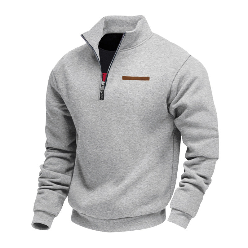 Quarter-zip herentrui met opstaande kraag en borstzak met bies - lichtgrijs