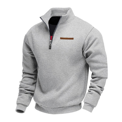 Quarter-zip herentrui met opstaande kraag en borstzak met bies - lichtgrijs