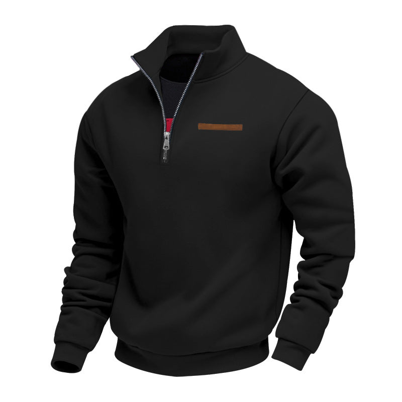 Quarter-zip herentrui met opstaande kraag en borstzak met bies - zwart