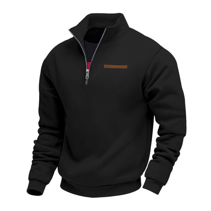 Quarter-zip herentrui met opstaande kraag en borstzak met bies - zwart