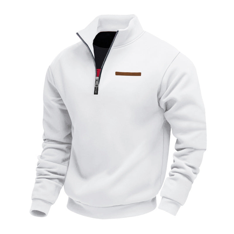 Quarter-zip herentrui met opstaande kraag en borstzak met bies - wit