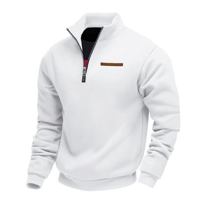 Quarter-zip herentrui met opstaande kraag en borstzak met bies - wit