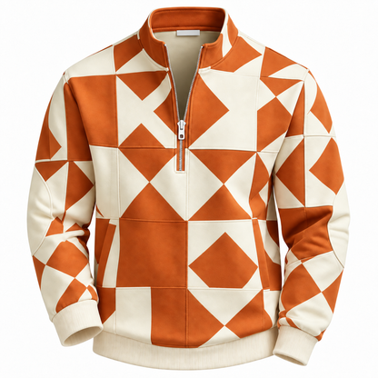 Quarter-zip herentrui met geometrische print en opstaande kraag - oranje/crème