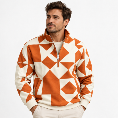 Quarter-zip herentrui met geometrische print en opstaande kraag