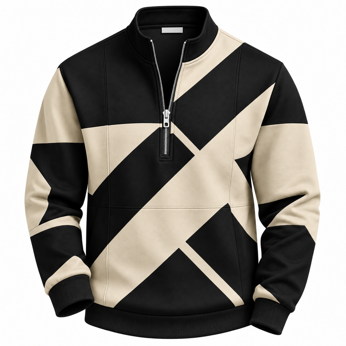 Quarter-zip herentrui met geometrische print en opstaande kraag - zwart/beige