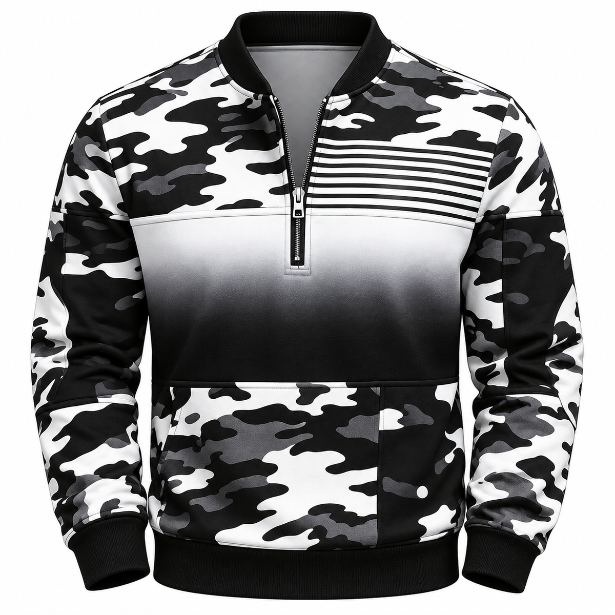 Quarter-zip herentrui met geometrische print en opstaande kraag - zwart/wit camouflage