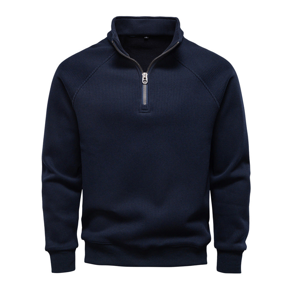 Geribde quarter-zip herentrui met opstaande kraag - marineblauw