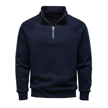 Geribde quarter-zip herentrui met opstaande kraag - marineblauw