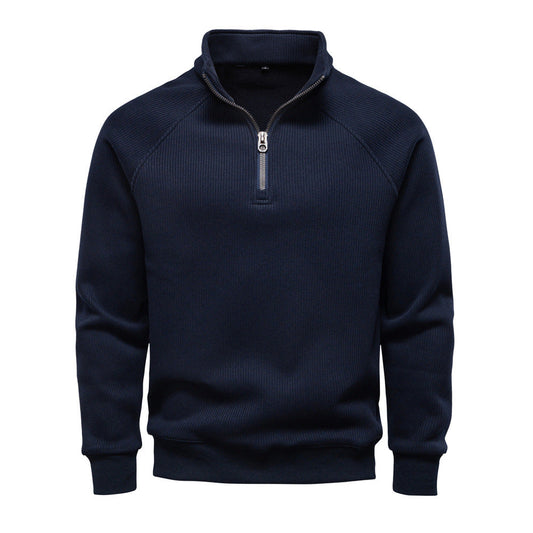 Geribde quarter-zip herentrui met opstaande kraag - marineblauw