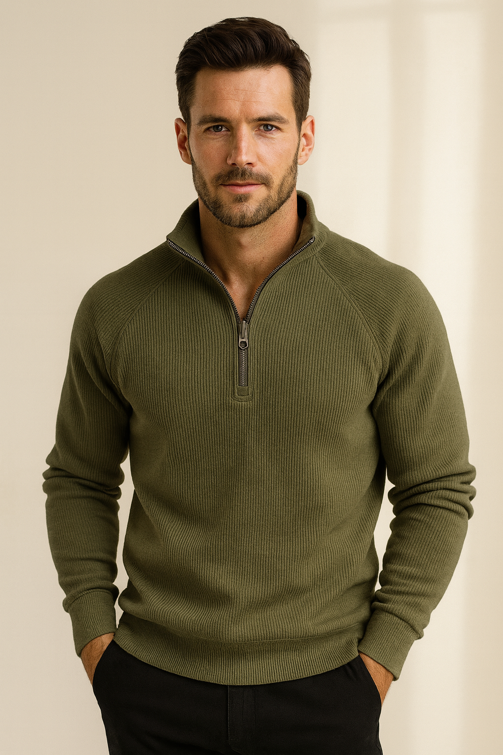 Geribde quarter-zip herentrui met opstaande kraag