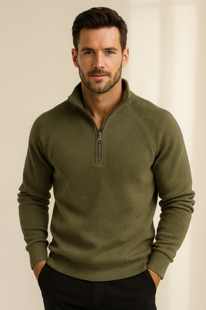 Geribde quarter-zip herentrui met opstaande kraag
