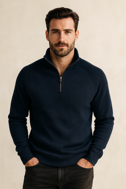 Geribde quarter-zip herentrui met opstaande kraag