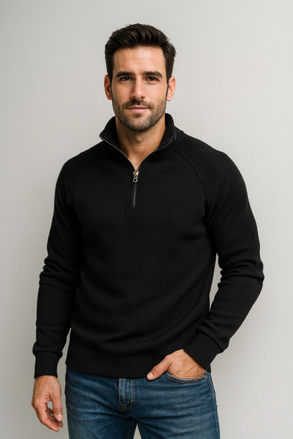 Geribde quarter-zip herentrui met opstaande kraag