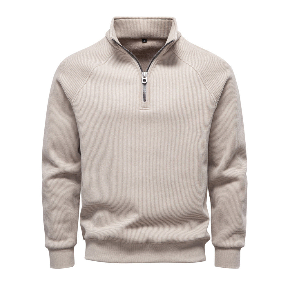 Geribde quarter-zip herentrui met opstaande kraag - beige
