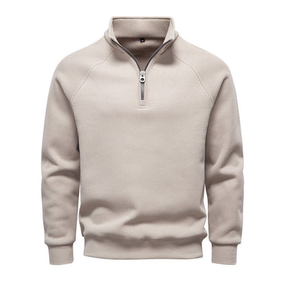 Geribde quarter-zip herentrui met opstaande kraag - beige