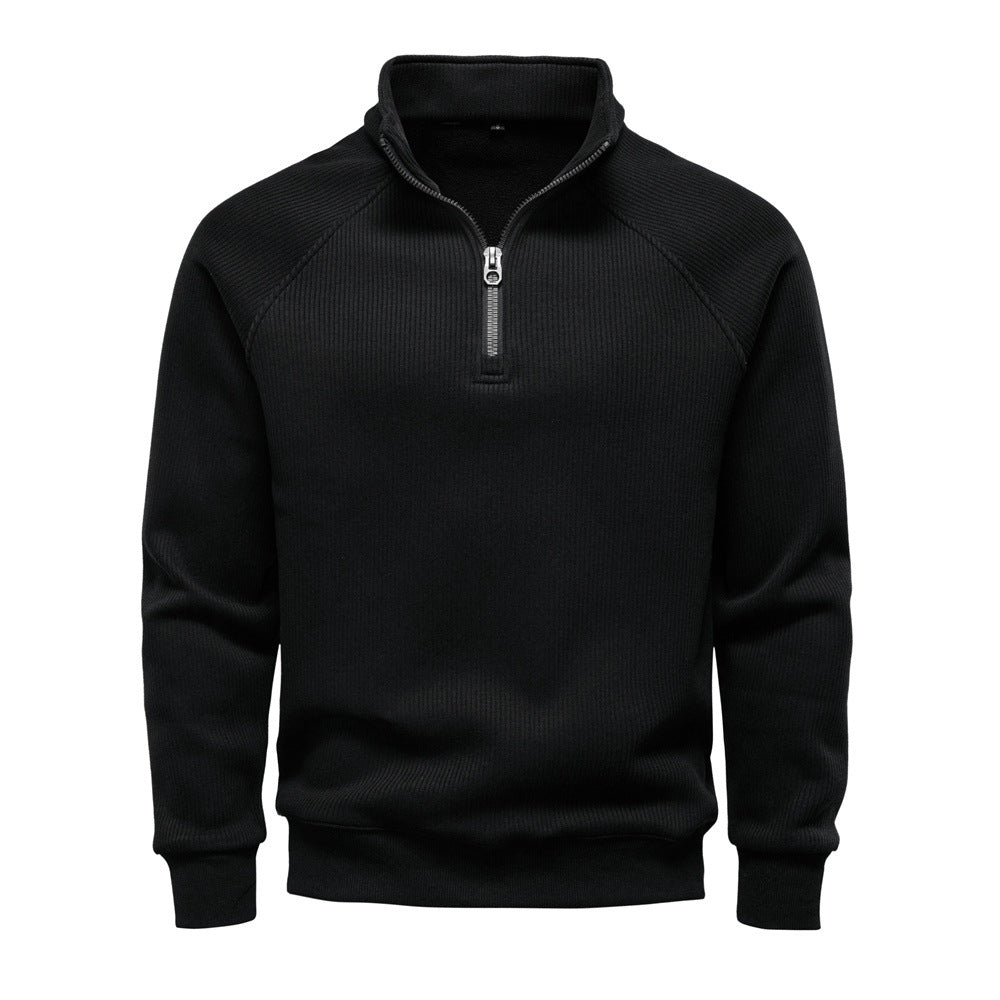 Geribde quarter-zip herentrui met opstaande kraag - zwart