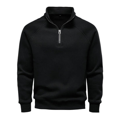 Geribde quarter-zip herentrui met opstaande kraag - zwart