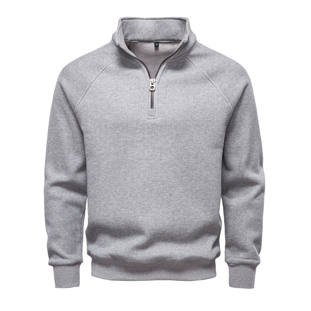 Geribde quarter-zip herentrui met opstaande kraag - lichtgrijs