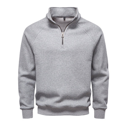 Geribde quarter-zip herentrui met opstaande kraag - lichtgrijs