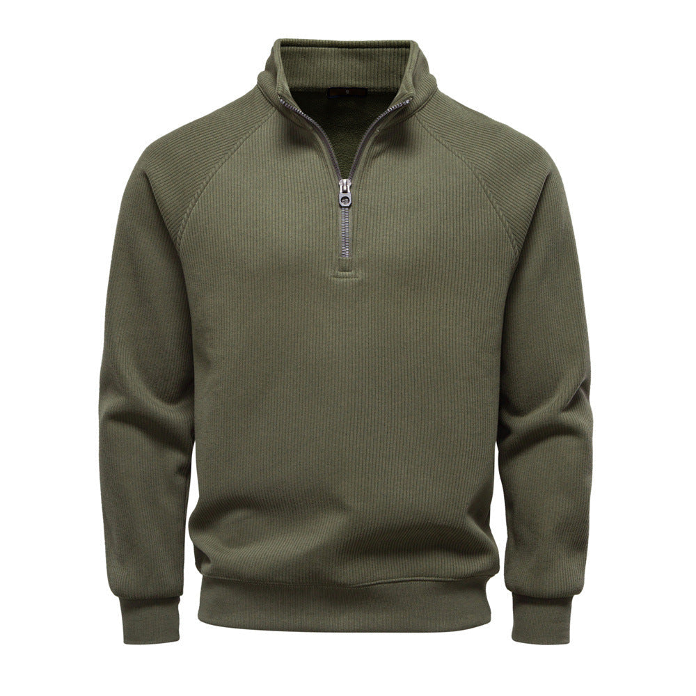 Geribde quarter-zip herentrui met opstaande kraag - legergroen