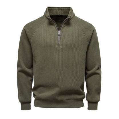 Geribde quarter-zip herentrui met opstaande kraag - legergroen