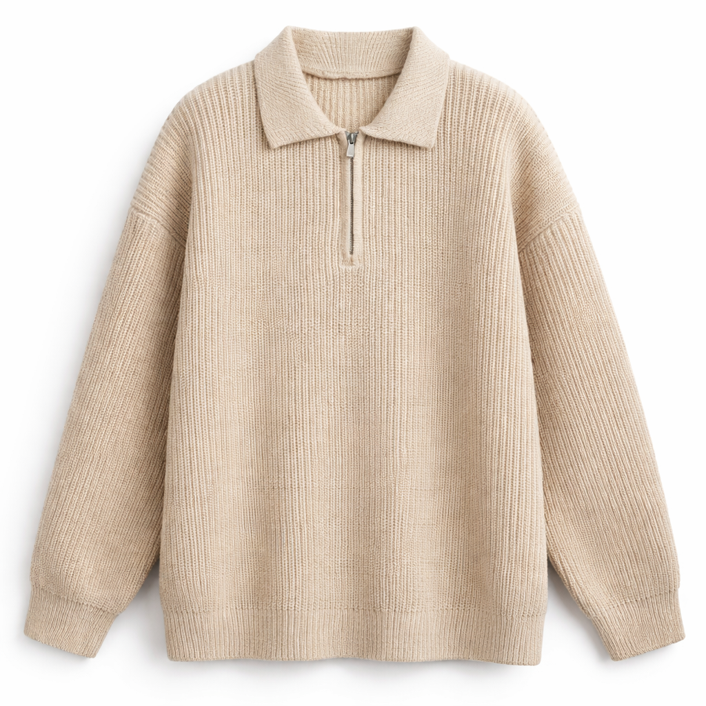 Ruime quarter-zip herentrui met polokraag en grove rib - beige