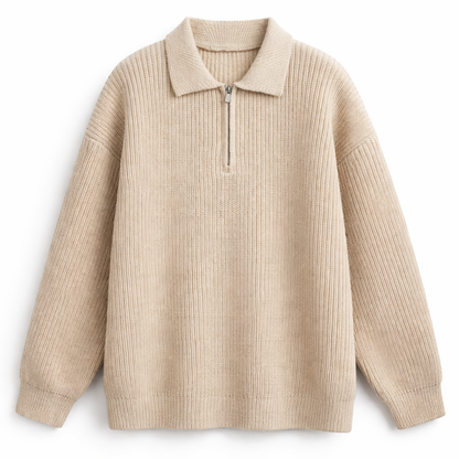 Ruime quarter-zip herentrui met polokraag en grove rib - beige