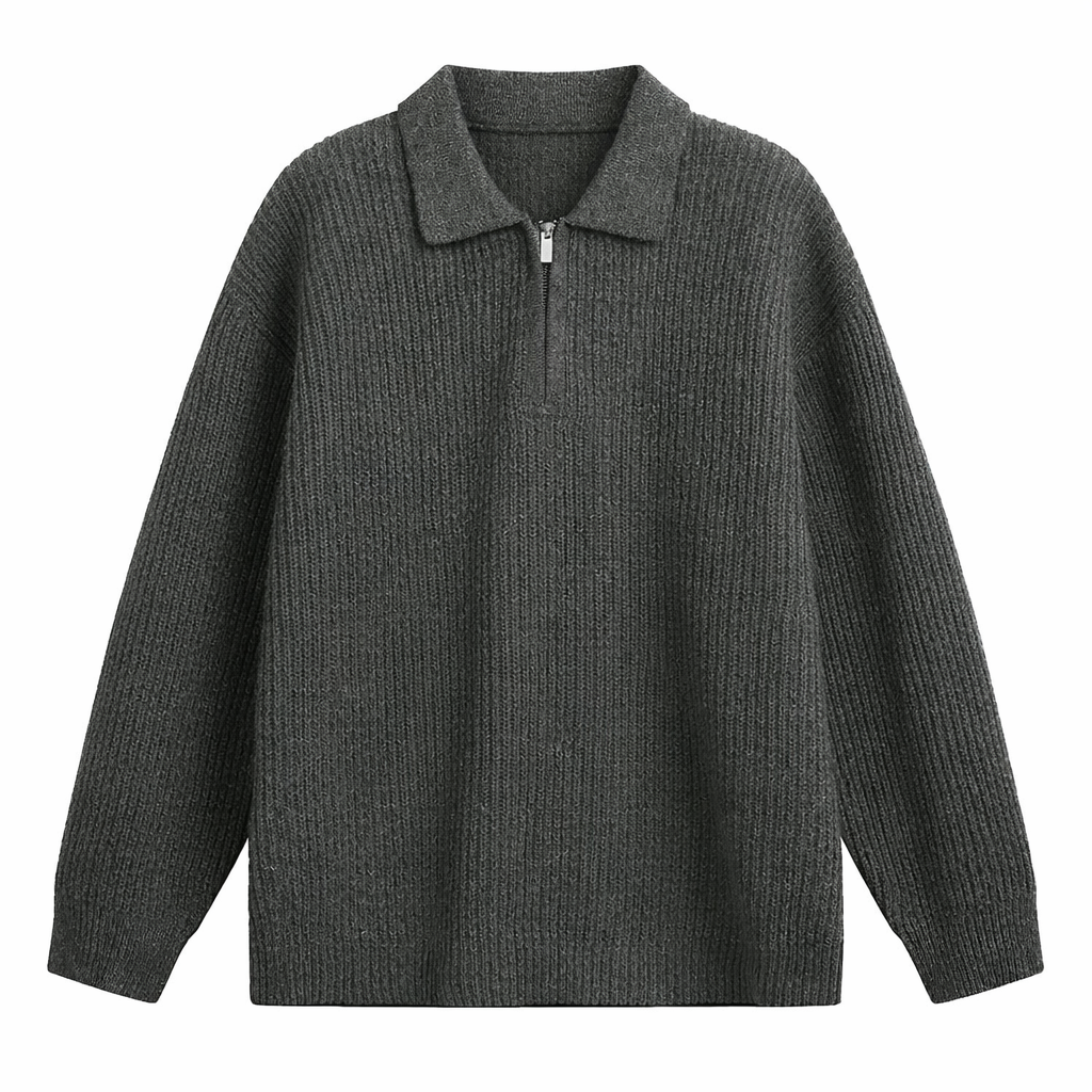 Ruime quarter-zip herentrui met polokraag en grove rib - antraciet