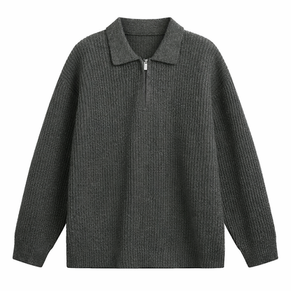 Ruime quarter-zip herentrui met polokraag en grove rib - antraciet