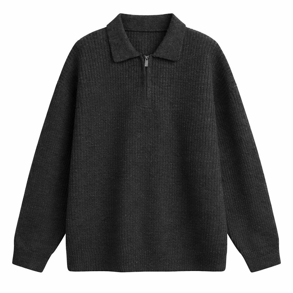 Ruime quarter-zip herentrui met polokraag en grove rib - zwart