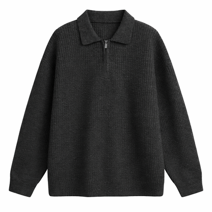 Ruime quarter-zip herentrui met polokraag en grove rib - zwart